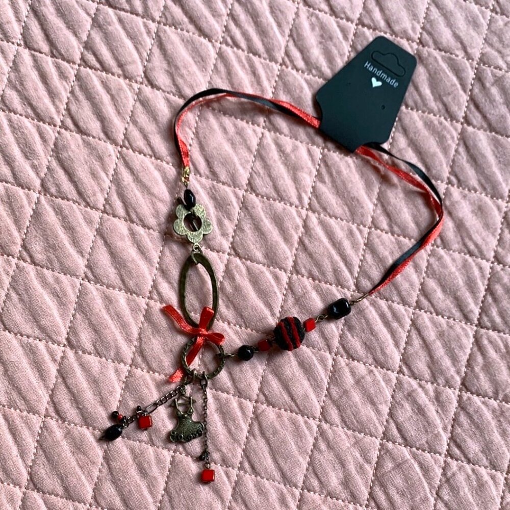 Handmade - Red & Black Little dress Charm Necklace – Asymmetrical Mixed-Media - Picture 6 of 9